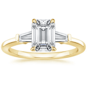 18K Gold, moissanite 2 carat centre emerald cut stone, three stone ring1