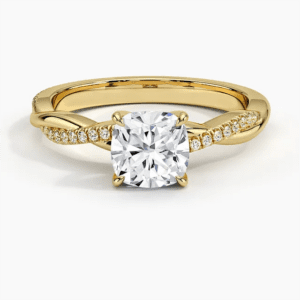 18K yellow Gold cushion cut moissanite centre stone ring with twisted band design1