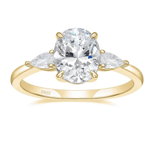 14K Gold Plated S925 Sterling Silver 3 carat cubic zirconia 3 stone oval cut ring