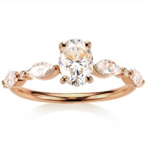 18K Gold moissanite ring with marquise band design. 1.36 Carats D Colour VVS white moissanite.
