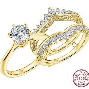 2 Carat Yellow Gold S925 Sterling Silver Round Cut 5A Cubic Zirconia three piece wedding band