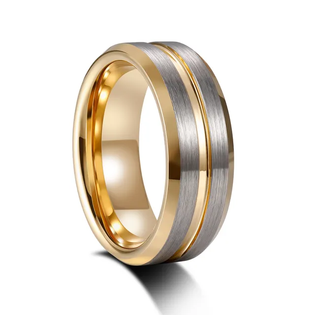 24k Gold Plated Grooved Silver brushed tungsten carbide ring