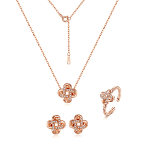 925 Sterling silver four piece necklace set with adjustable ring, clover charm pendant necklace