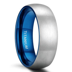 Brushed simple silver blue colour titanium ring men