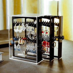 Clear plastic jewellery dustproof storage box, acryllic three piece necklace and earrings display rack