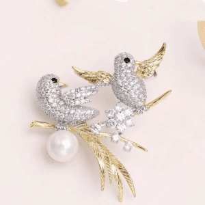 Copper silver bird beaded brooch