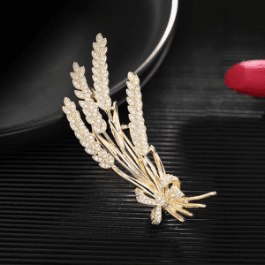 Golden metal zircon wheat ear beaded brooch