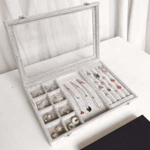 Grey velvet accessories packaging box with glass cover
