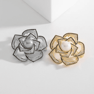 Hollow metal pearl zircon camellia flower brooch