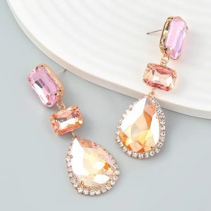 Metal Glass Geometric Earrings rose gold and pink