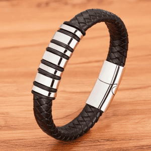 Multilayer stainless steel mens leather bracelet Bangle