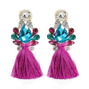Purple tassle earrings with rhinestones