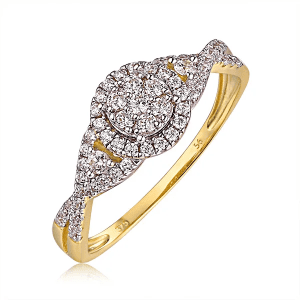 Round cubic zirconia ring with twist band design. Gold Plated with Pave setting