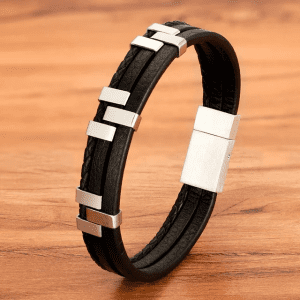 Three layer stitching mens leather bracelet, stainless steel magnet