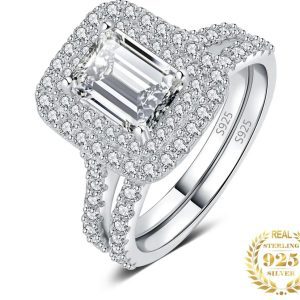 Two piece S925 Sterling Silver ring with Halo 2.9 emerald cut 5A Cubic Zirconia stone