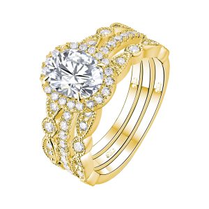 Yellow Gold three piece bridal set S925 Sterling Silver Halo Oval Cut 5A Cubic Zirconia